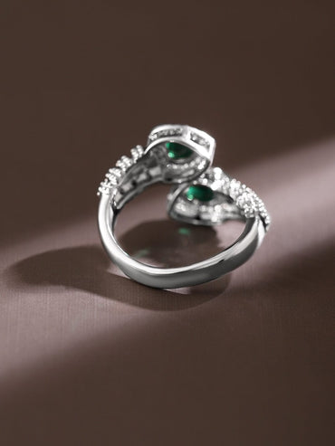 Rubans Rhodium-Plated Emerald & Cubic Zirconia Studded Demi-Fine Heart Motif Openable Ring Rings