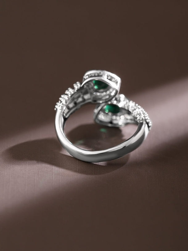 Rubans Rhodium-Plated Emerald & Cubic Zirconia Studded Demi-Fine Heart Motif Openable Ring Rings