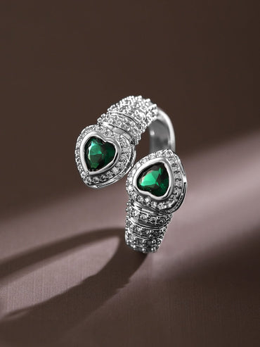 Rubans Rhodium-Plated Emerald & Cubic Zirconia Studded Demi-Fine Heart Motif Openable Ring Rings