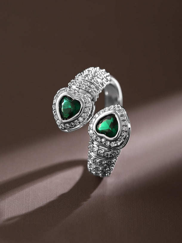 Rubans Rhodium-Plated Emerald & Cubic Zirconia Studded Demi-Fine Heart Motif Openable Ring Rings