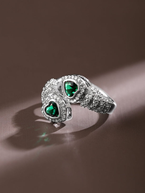Rubans Rhodium-Plated Emerald & Cubic Zirconia Studded Demi-Fine Heart Motif Openable Ring Rings