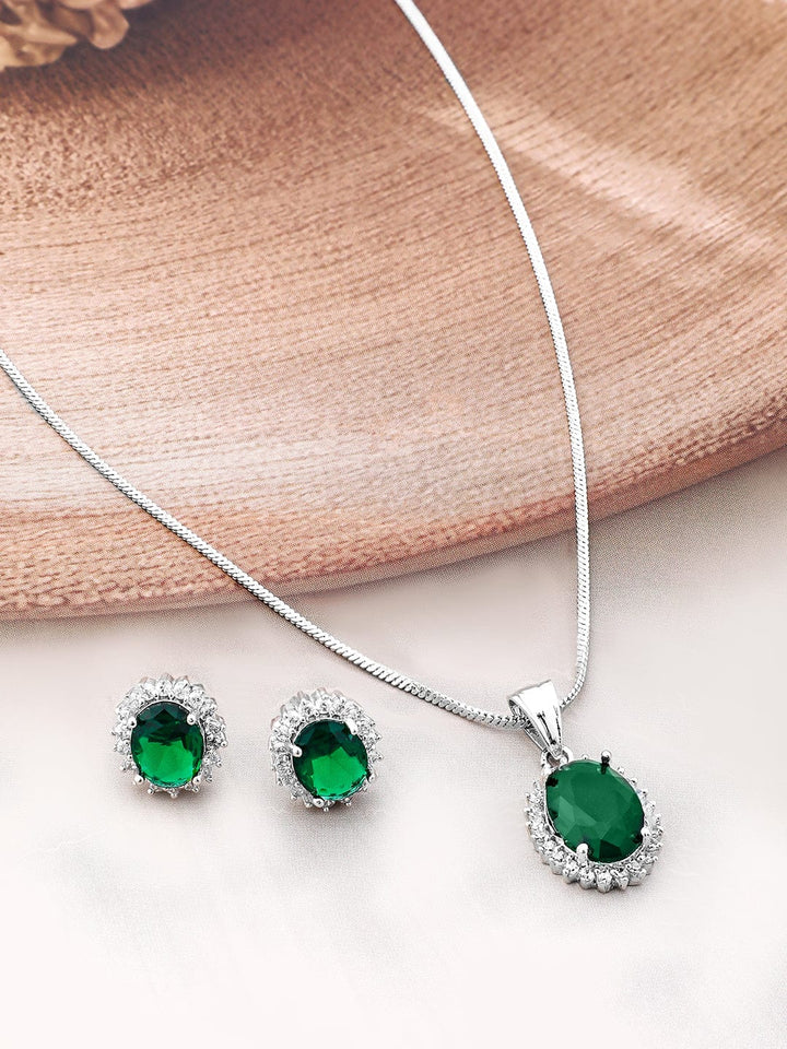 Rubans Rhodium-Plated Emerald & Cubic Zirconia Studded Necklace Set Pendant Set