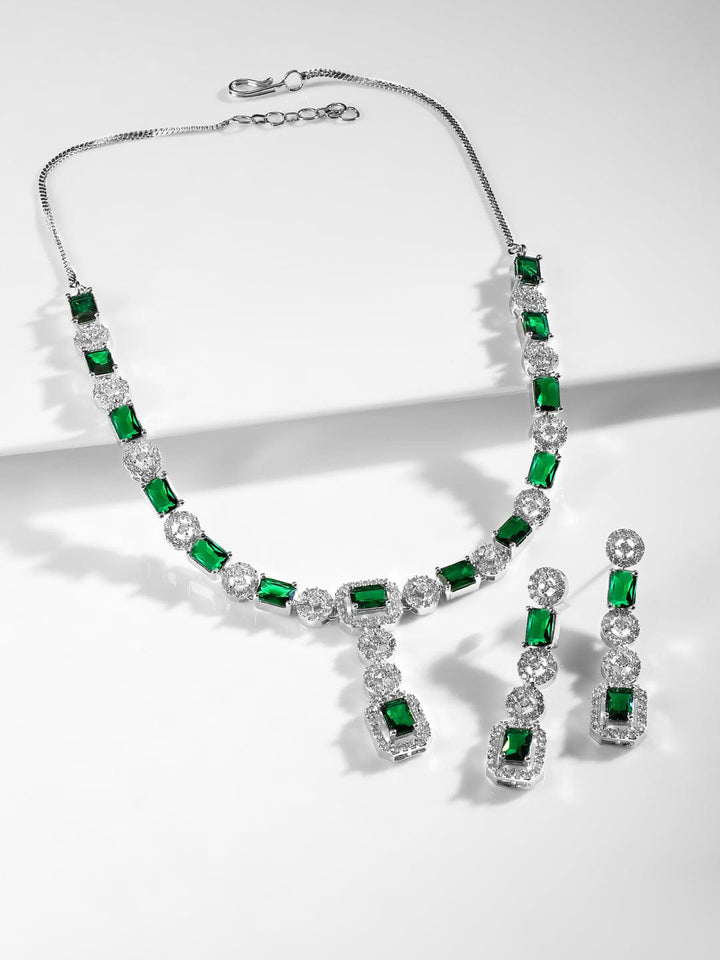 Rubans Rhodium Plated Emerald & Cubic Zirconia Studded Premium Jewellery Set Necklace Set