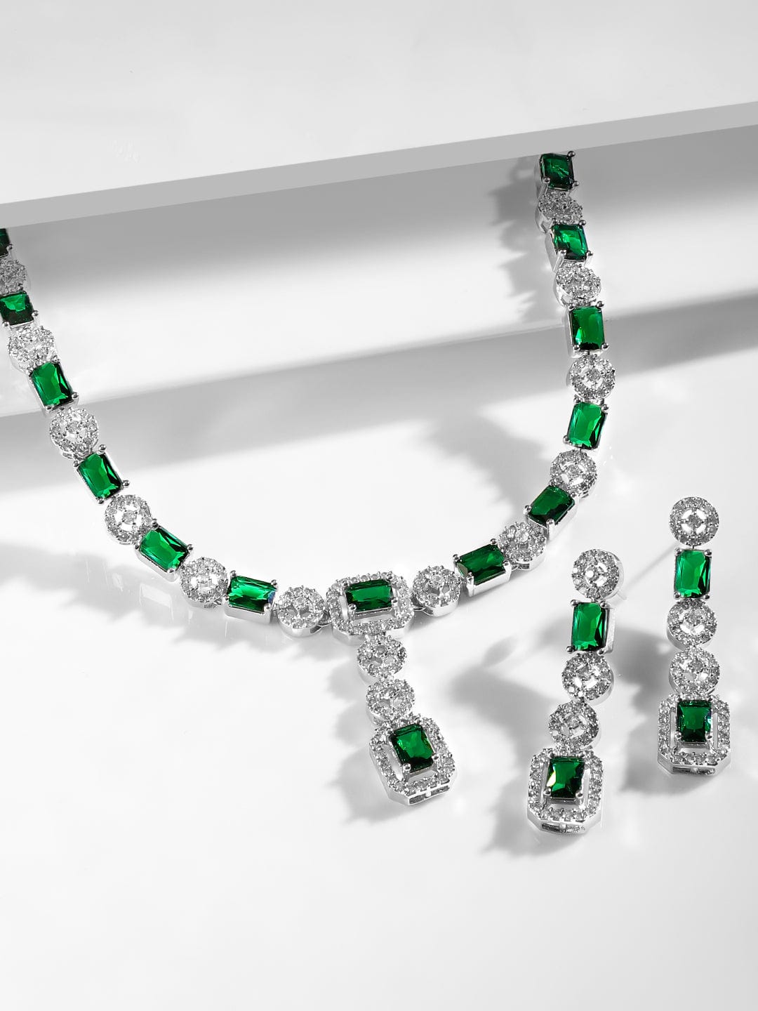 Rubans Rhodium Plated Emerald & Cubic Zirconia Studded Premium Jewellery Set Necklace Set