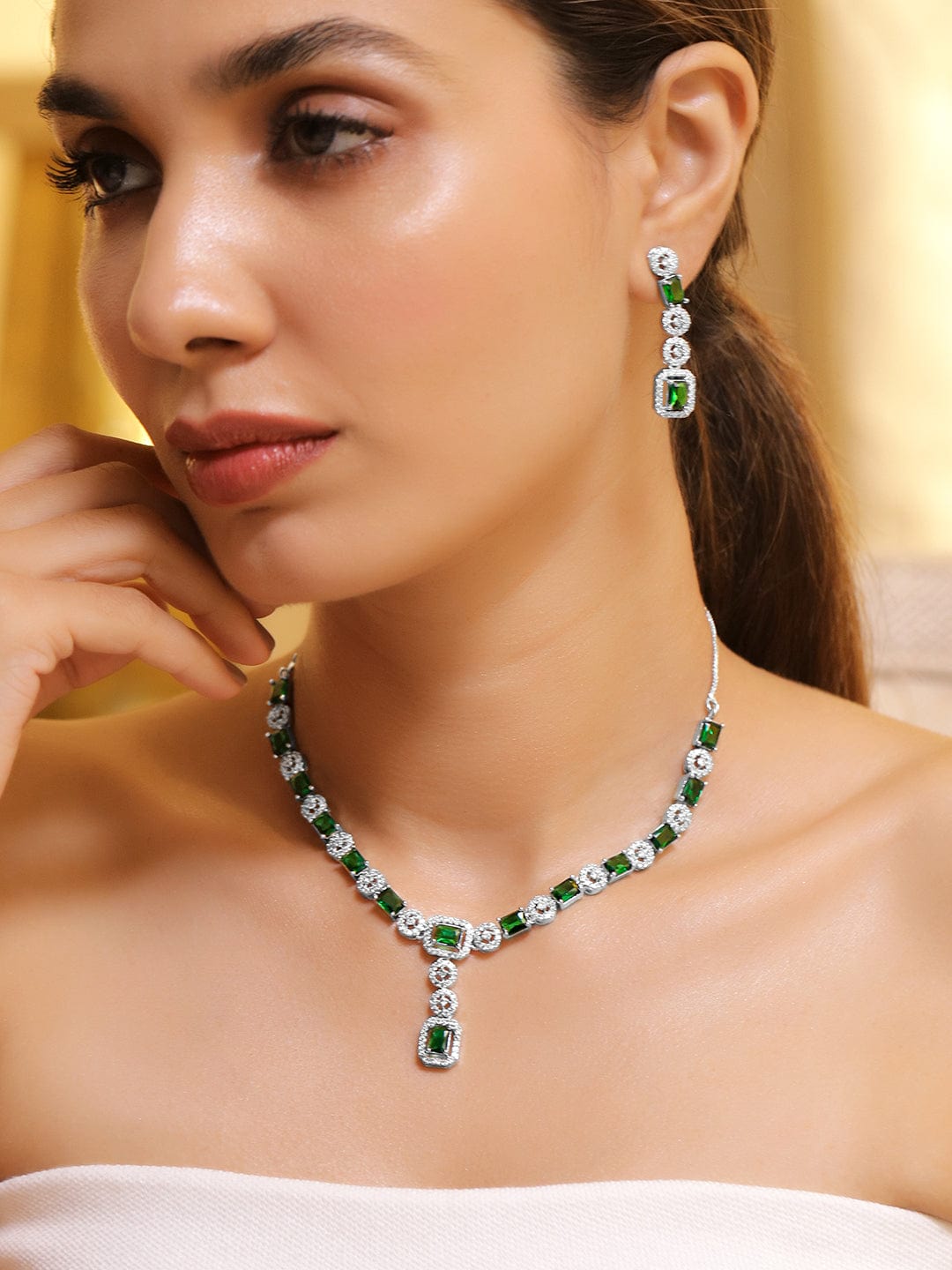 Rubans Rhodium Plated Emerald & Cubic Zirconia Studded Premium Jewellery Set Necklace Set