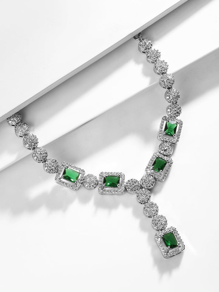 Rubans Rhodium Plated Emerald Cut Crystal & CZ Studded Jewellery Set Jewellery Set