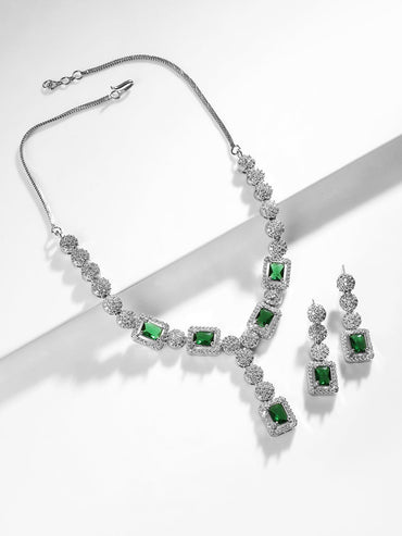 Rubans Rhodium Plated Emerald Cut Crystal & CZ Studded Jewellery Set Jewellery Set