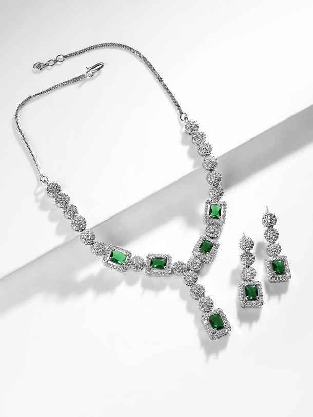 Rubans Rhodium Plated Emerald Cut Crystal & CZ Studded Jewellery Set Jewellery Set