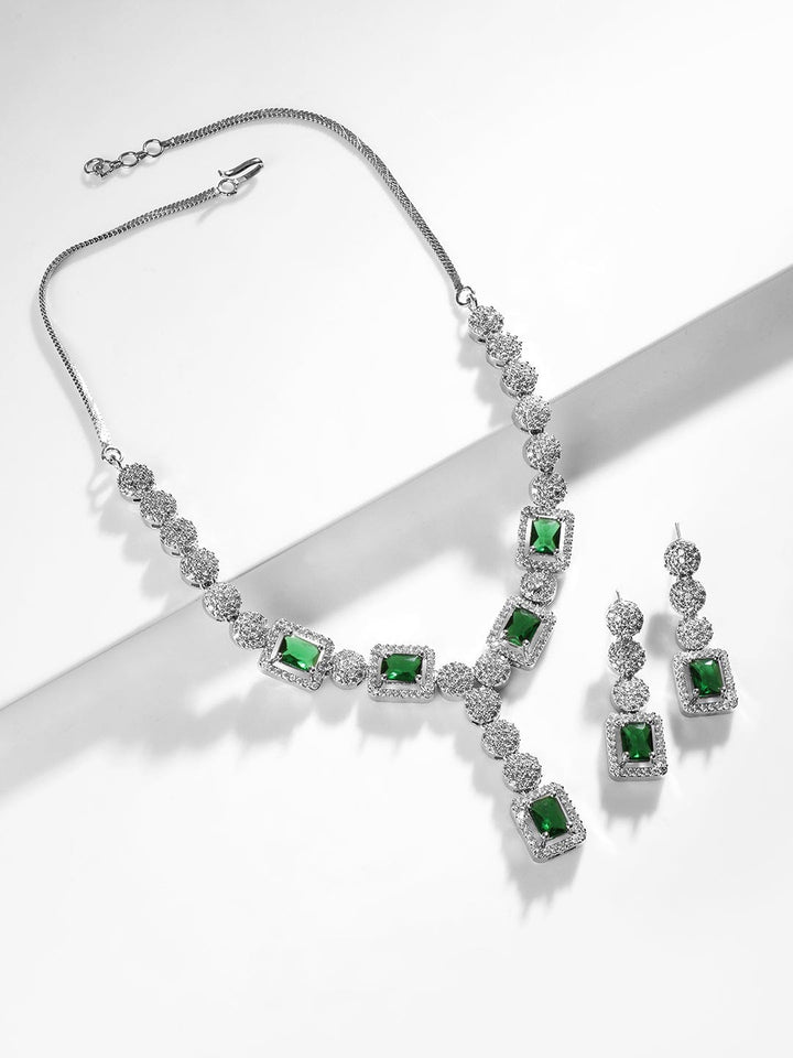 Rubans Rhodium Plated Emerald Cut Crystal & CZ Studded Jewellery Set Jewellery Set
