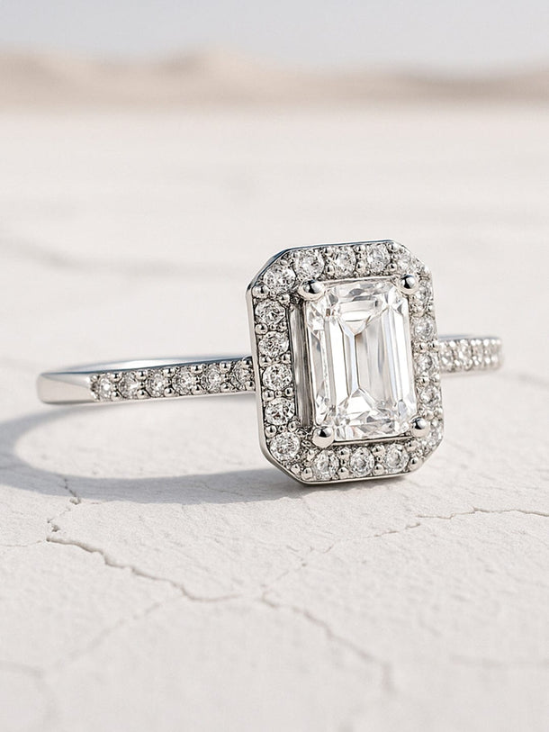 Rubans Rhodium-Plated Emerald-Cut Cubic Zirconia Studded Adjustable Finger Ring Finger Ring