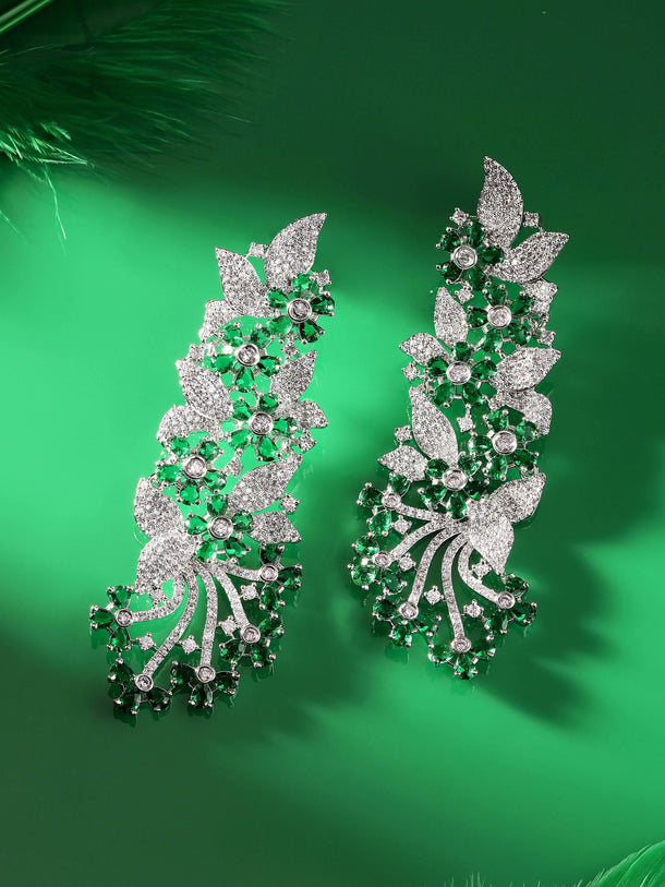 Rubans Rhodium-Plated Emerald Green & AAA Cubic Zirconia Floral Vine Statement Earrings Earrings