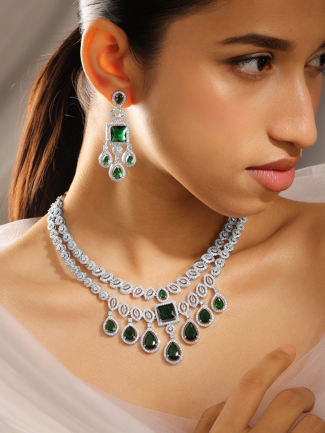 Rubans Rhodium-Plated Emerald Green & AAA Cubic Zirconia Luxe Statement Jewellery Set in Silver Tone for Women Jewellery Set
