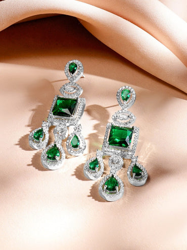 Rubans Rhodium-Plated Emerald Green & AAA Cubic Zirconia Luxe Statement Jewellery Set in Silver Tone for Women Jewellery Set