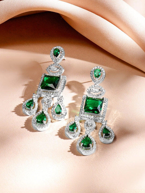 Rubans Rhodium-Plated Emerald Green & AAA Cubic Zirconia Luxe Statement Jewellery Set in Silver Tone for Women Jewellery Set