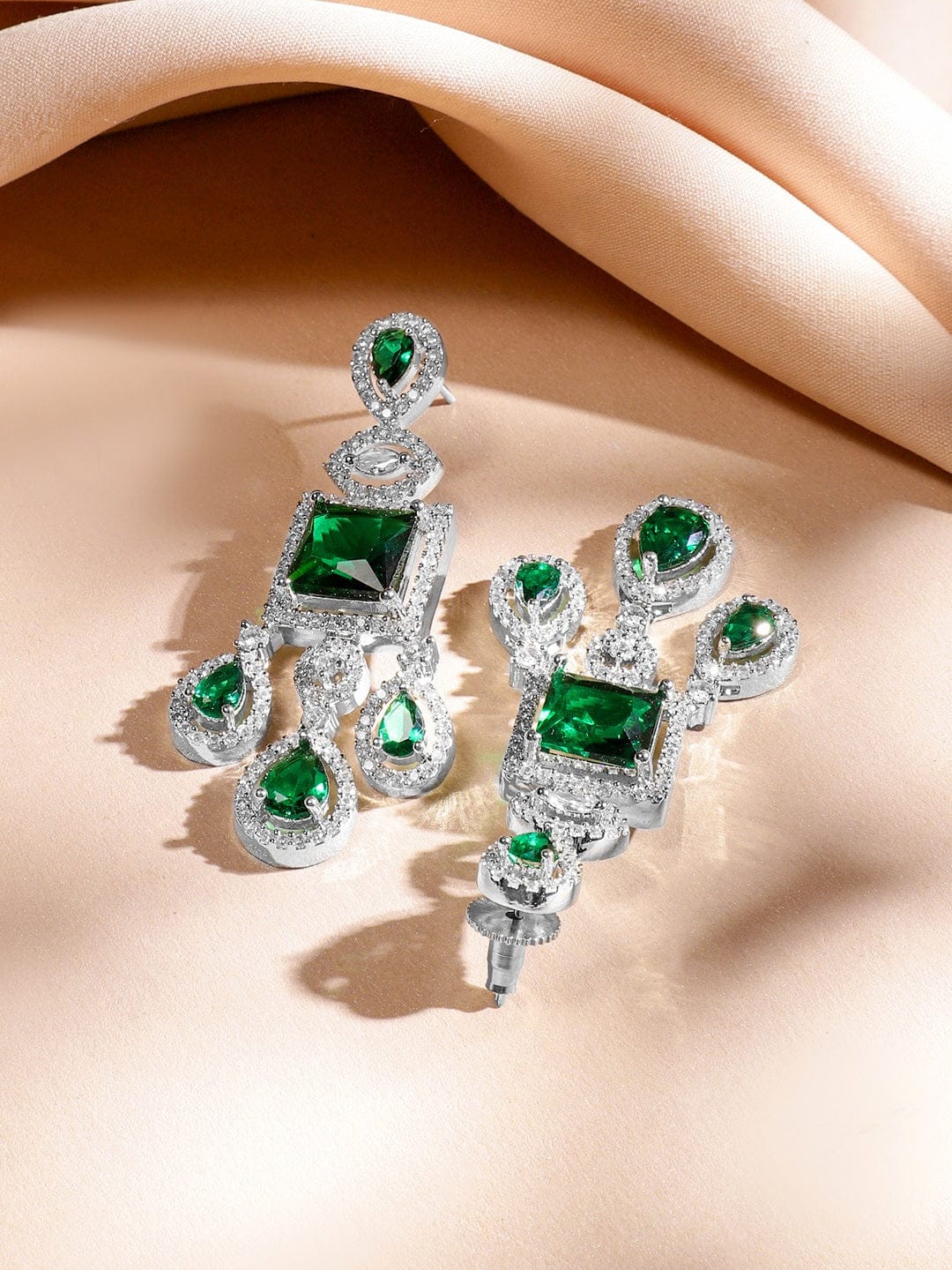 Rubans Rhodium-Plated Emerald Green & AAA Cubic Zirconia Luxe Statement Jewellery Set in Silver Tone for Women Jewellery Set