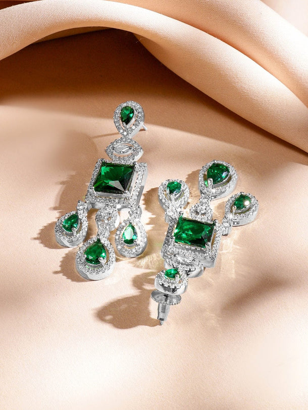 Rubans Rhodium-Plated Emerald Green & AAA Cubic Zirconia Luxe Statement Jewellery Set in Silver Tone for Women Jewellery Set