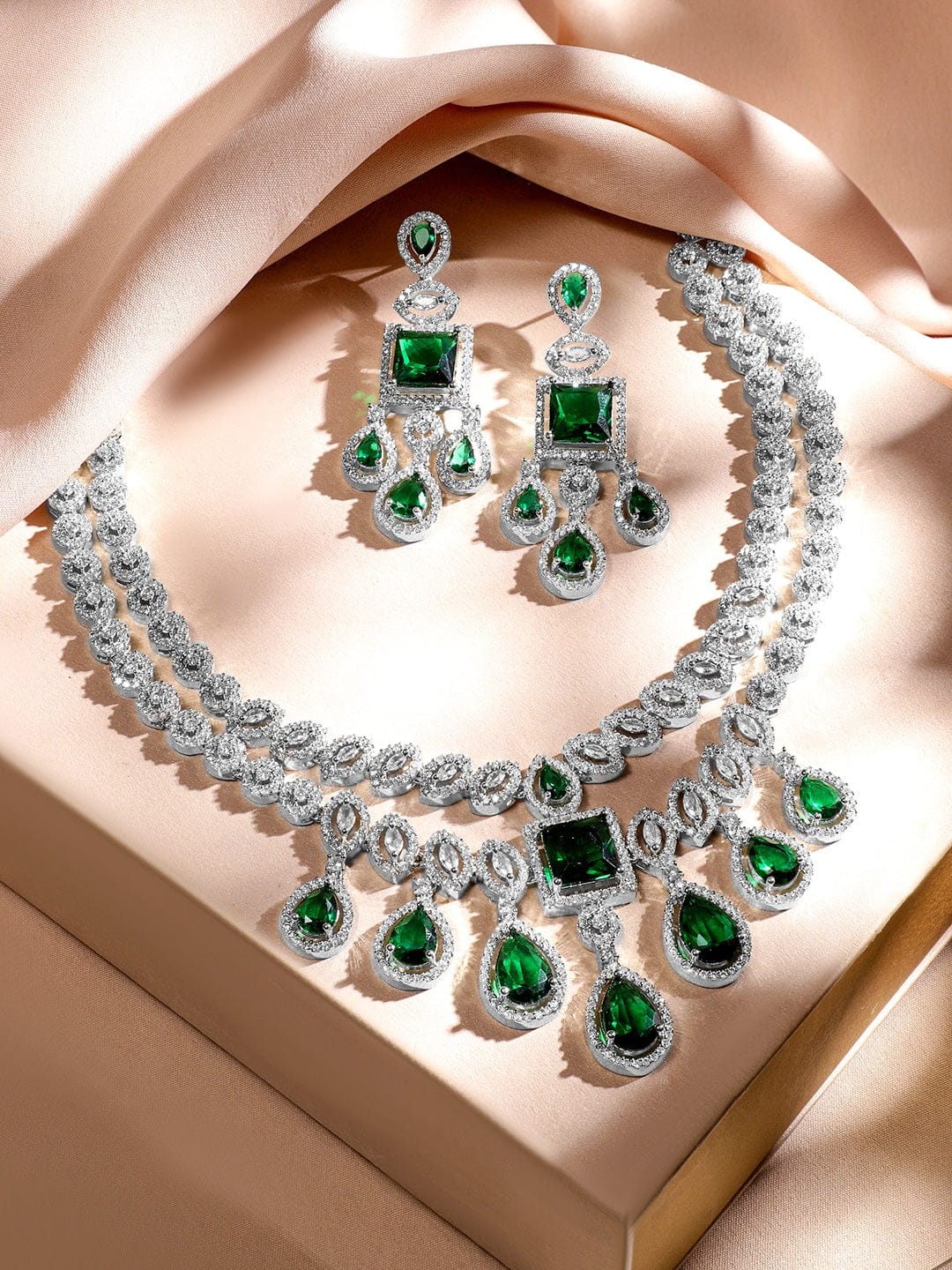 Rubans Rhodium-Plated Emerald Green & AAA Cubic Zirconia Luxe Statement Jewellery Set in Silver Tone for Women Jewellery Set