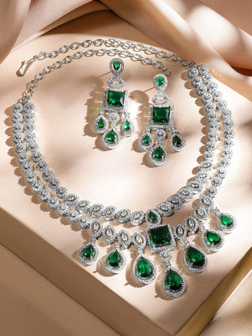 Rubans Rhodium-Plated Emerald Green & AAA Cubic Zirconia Luxe Statement Jewellery Set in Silver Tone for Women Jewellery Set