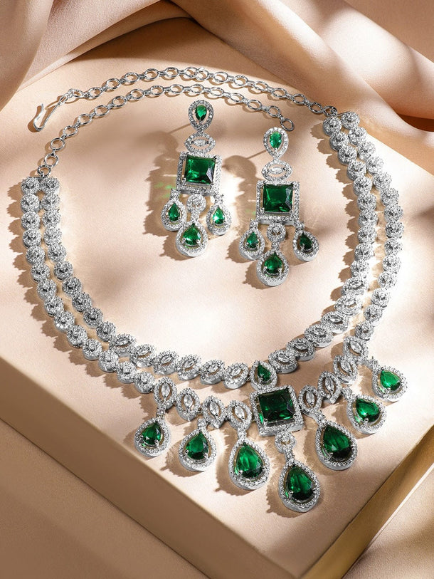 Rubans Rhodium-Plated Emerald Green & AAA Cubic Zirconia Luxe Statement Jewellery Set in Silver Tone for Women Jewellery Set