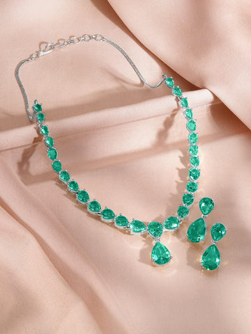 Rubans Rhodium-Plated Emerald Green AD & Cubic Zirconia Studded Necklace Set Jewellery Set