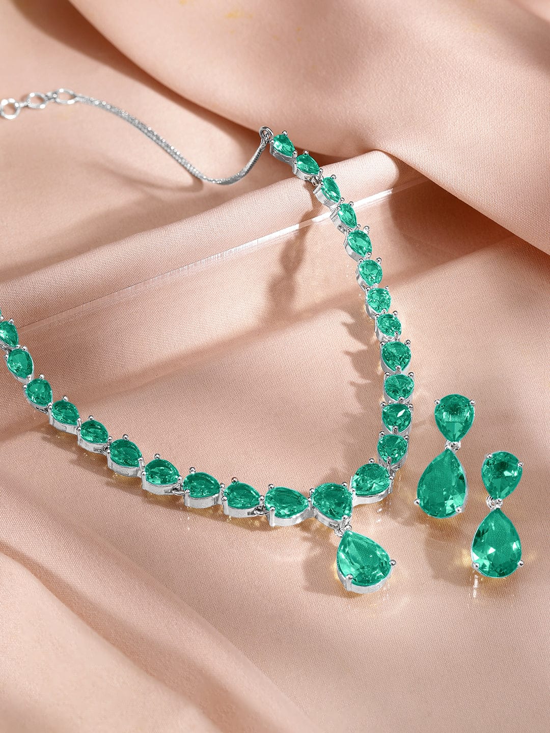 Rubans Rhodium-Plated Emerald Green AD & Cubic Zirconia Studded Necklace Set Jewellery Set