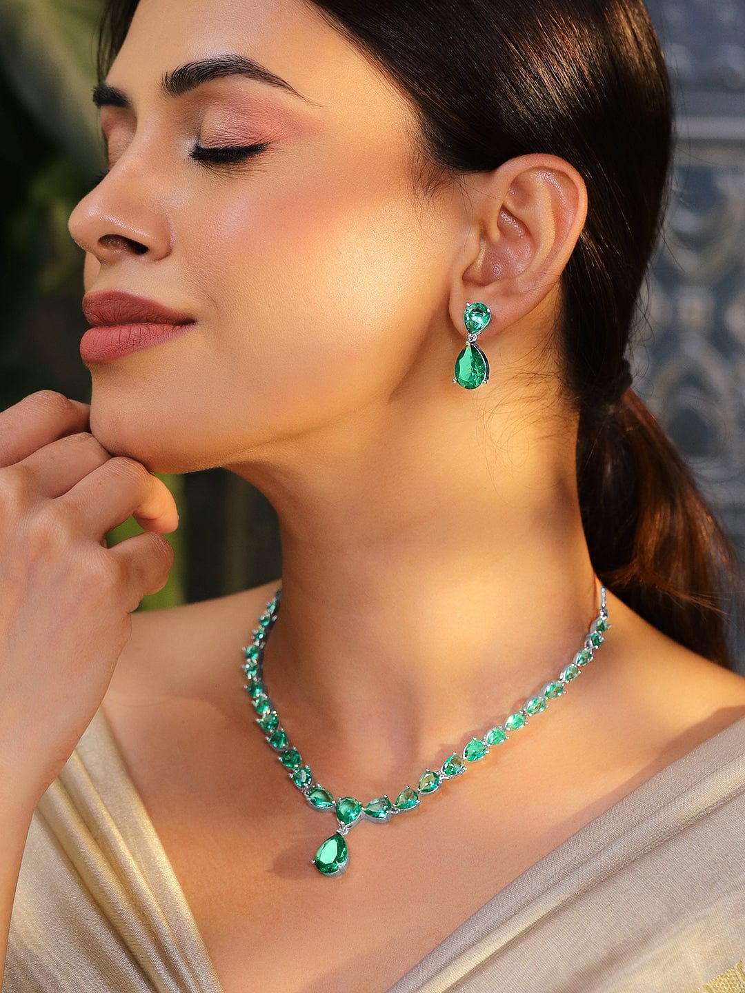 Rubans Rhodium-Plated Emerald Green AD & Cubic Zirconia Studded Necklace Set Necklace Set