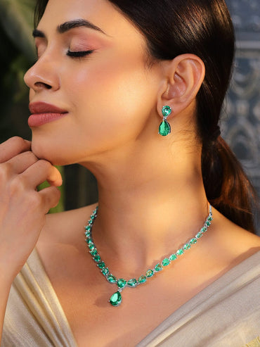 Rubans Rhodium-Plated Emerald Green AD & Cubic Zirconia Studded Necklace Set Necklace Set