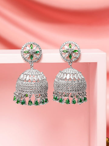Rubans Rhodium-Plated Emerald Green AD Drop Beaded & Cubic Zirconia Studded Floral Jhumka Earrings Earrings