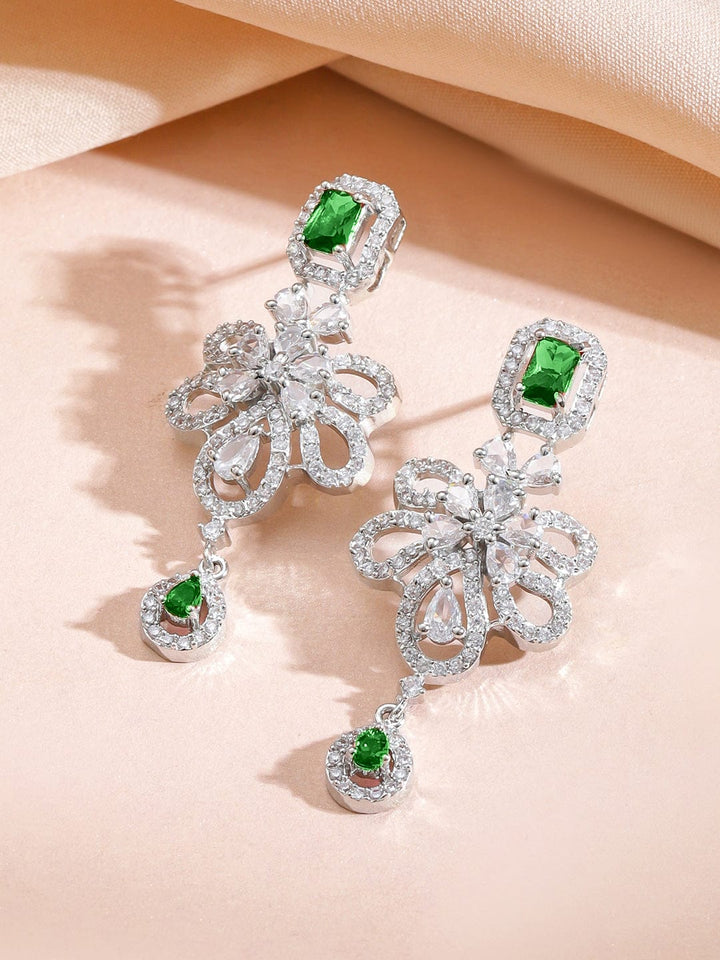Rubans Rhodium-Plated Emerald Green AD Stone & Cubic Zirconia Studded Floral Necklace Set Jewellery Set