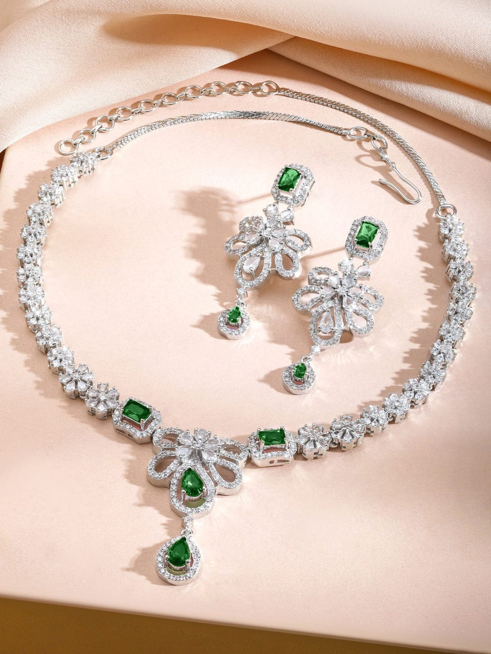 Rubans Rhodium-Plated Emerald Green AD Stone & Cubic Zirconia Studded Floral Necklace Set Jewellery Set