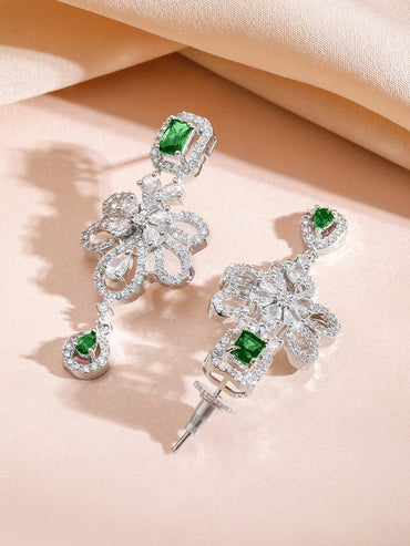 Rubans Rhodium-Plated Emerald Green AD Stone & Cubic Zirconia Studded Floral Necklace Set Jewellery Set