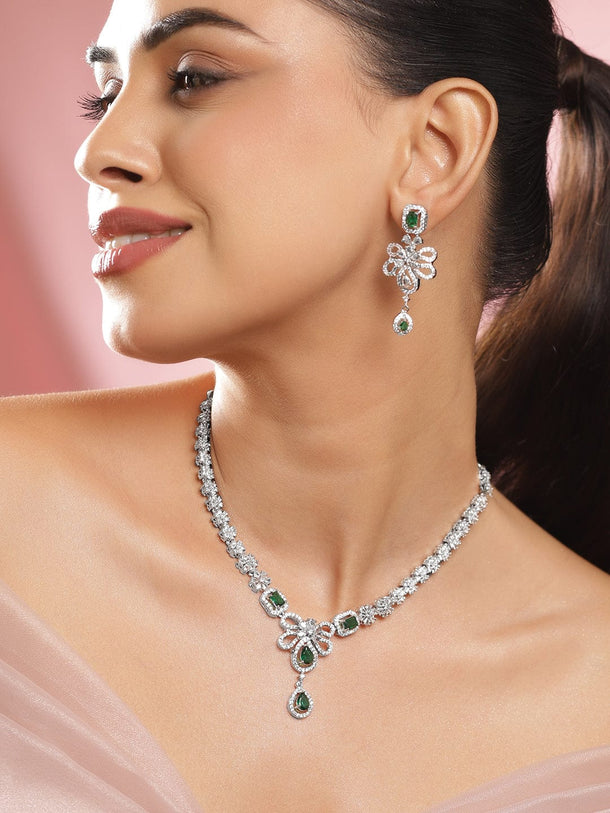 Rubans Rhodium-Plated Emerald Green AD Stone & Cubic Zirconia Studded Floral Necklace Set Jewellery Set