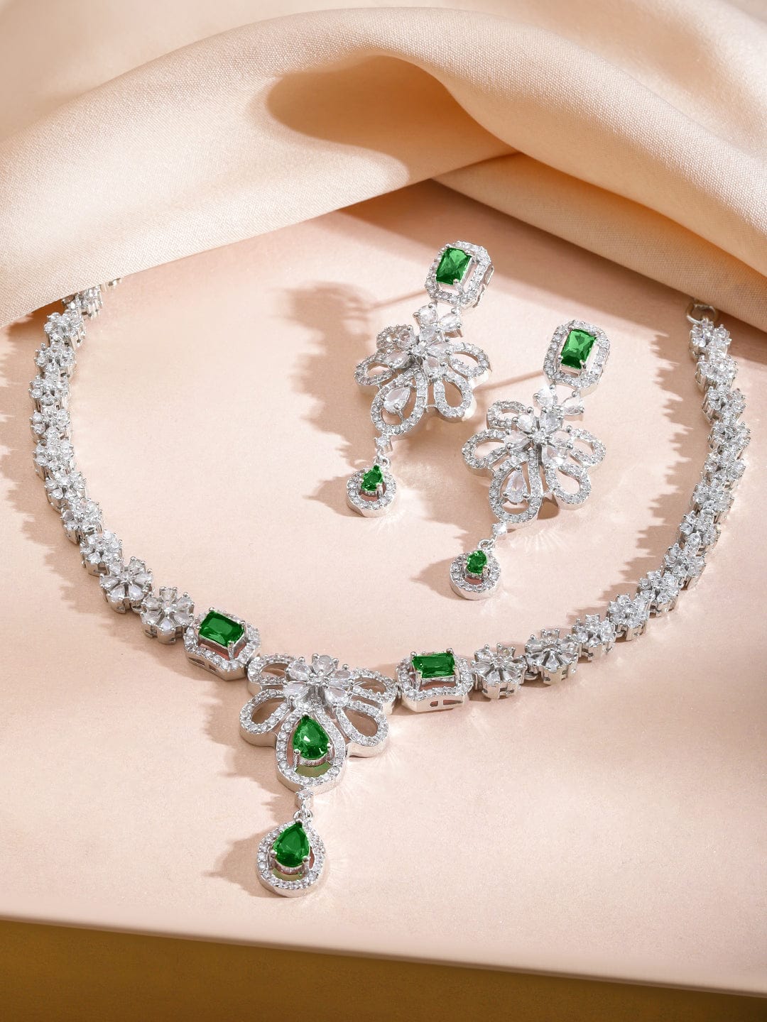 Rubans Rhodium-Plated Emerald Green AD Stone & Cubic Zirconia Studded Floral Necklace Set Necklace Set