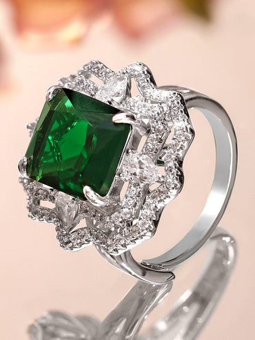 Rubans Rhodium-Plated Emerald Green and Cubic Zirconia Detailing Adjustable Statement Ring Rings