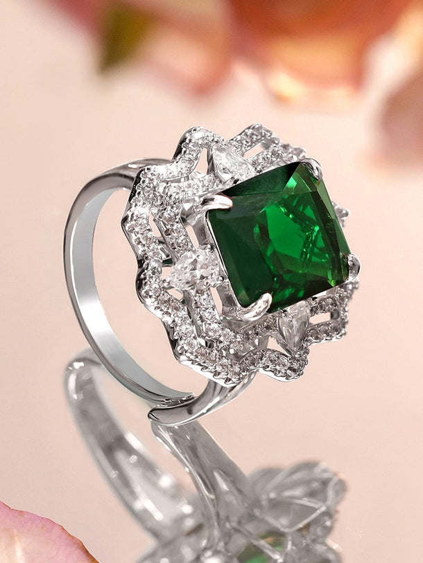 Rubans Rhodium-Plated Emerald Green and Cubic Zirconia Detailing Adjustable Statement Ring Rings