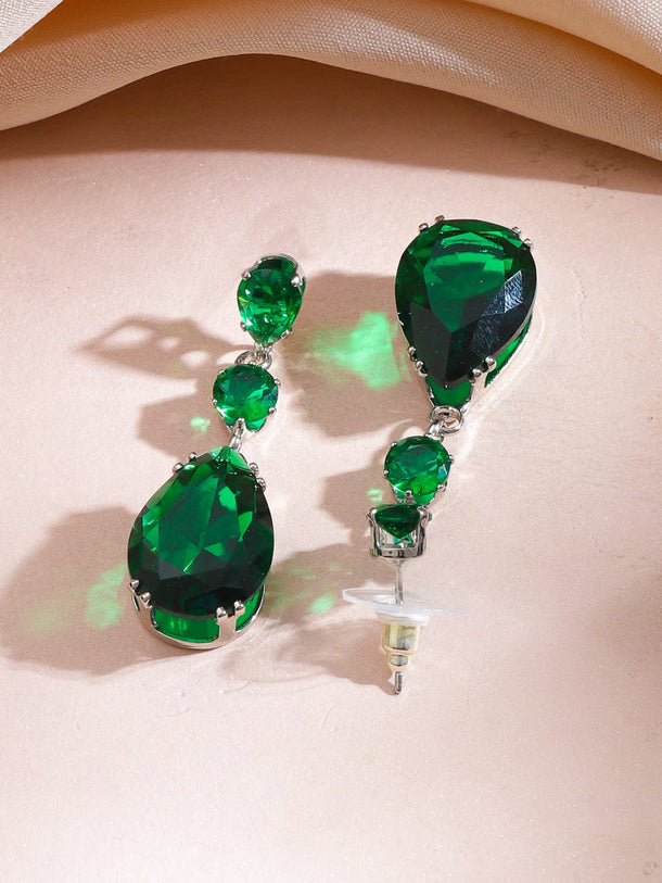 Rubans Rhodium-Plated Emerald Green Crystal & Cubic Zirconia Teardrop Dangler Necklace Set Jewellery Set