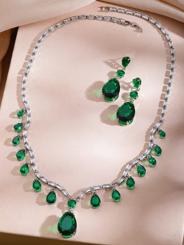 Rubans Rhodium-Plated Emerald Green Crystal & Cubic Zirconia Teardrop Dangler Necklace Set Jewellery Set
