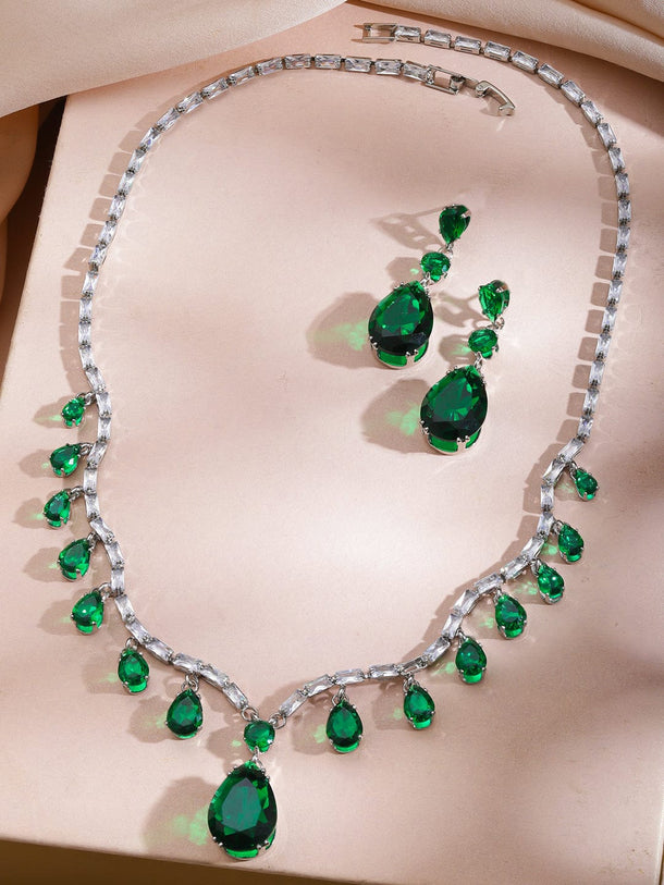 Rubans Rhodium-Plated Emerald Green Crystal & Cubic Zirconia Teardrop Dangler Necklace Set Jewellery Set