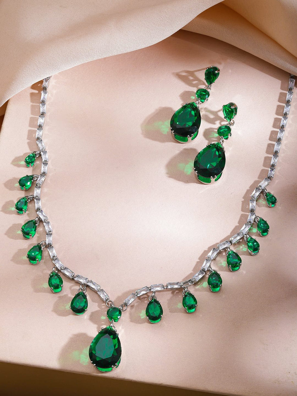 Rubans Rhodium-Plated Emerald Green Crystal & Cubic Zirconia Teardrop Dangler Necklace Set Jewellery Set