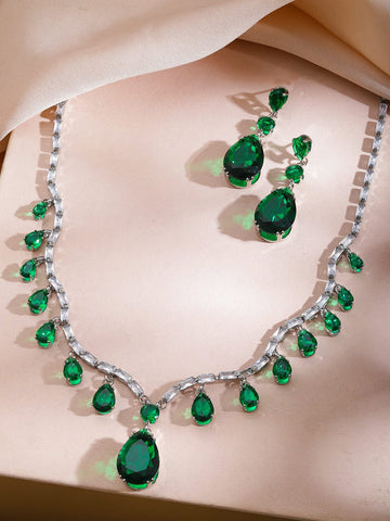 Rubans Rhodium-Plated Emerald Green Crystal & Cubic Zirconia Teardrop Dangler Necklace Set Jewellery Set