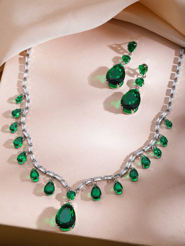 Rubans Rhodium-Plated Emerald Green Crystal & Cubic Zirconia Teardrop Dangler Necklace Set Jewellery Set