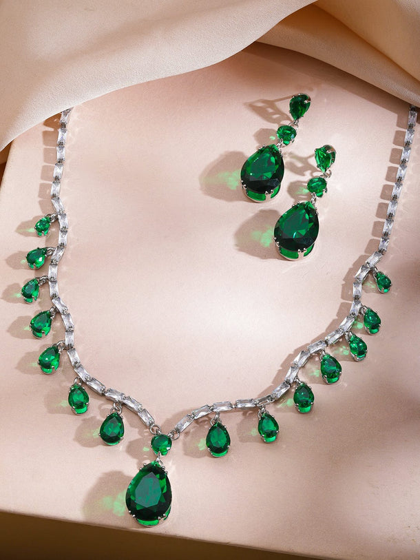 Rubans Rhodium-Plated Emerald Green Crystal & Cubic Zirconia Teardrop Dangler Necklace Set Jewellery Set