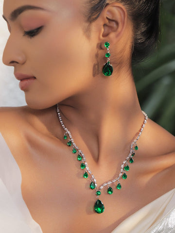 Rubans Rhodium-Plated Emerald Green Crystal & Cubic Zirconia Teardrop Dangler Necklace Set Necklace Set