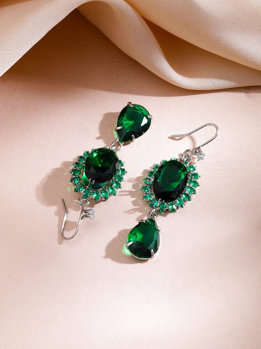 Rubans Rhodium-Plated Emerald Green Crystal Stone & Cubic Zirconia Studded Multilayer Glamorous Statement Necklace Set Jewellery Set