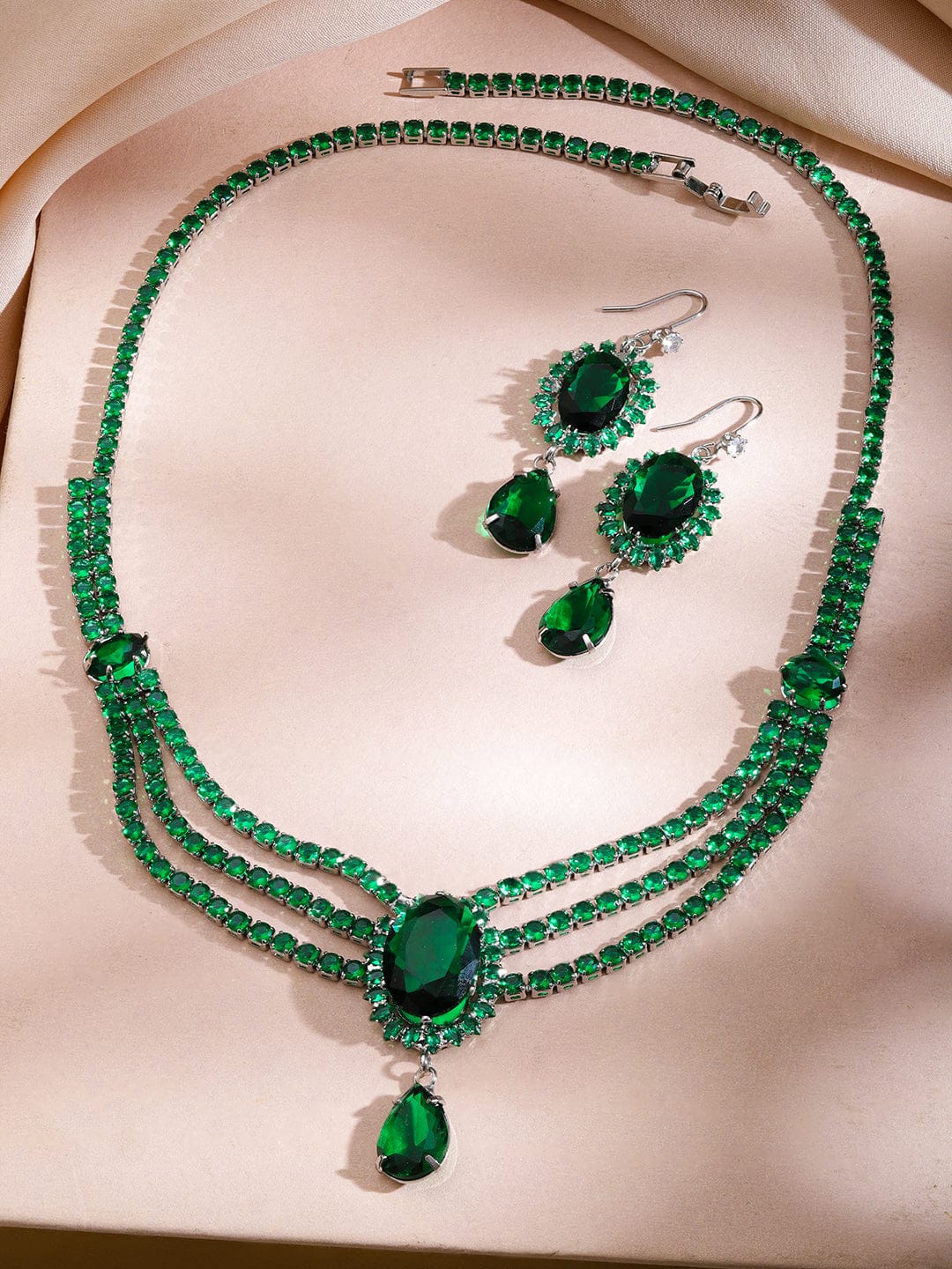 Rubans Rhodium-Plated Emerald Green Crystal Stone & Cubic Zirconia Studded Multilayer Glamorous Statement Necklace Set Jewellery Set
