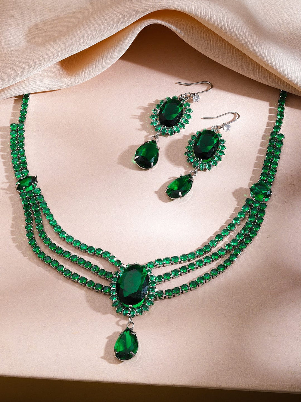 Rubans Rhodium-Plated Emerald Green Crystal Stone & Cubic Zirconia Studded Multilayer Glamorous Statement Necklace Set Jewellery Set