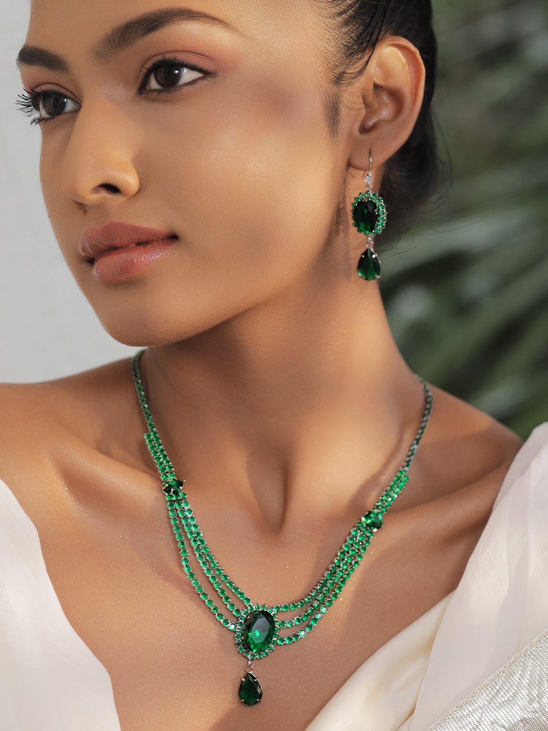 Rubans Rhodium-Plated Emerald Green Crystal Stone & Cubic Zirconia Studded Multilayer Glamorous Statement Necklace Set Necklace Set