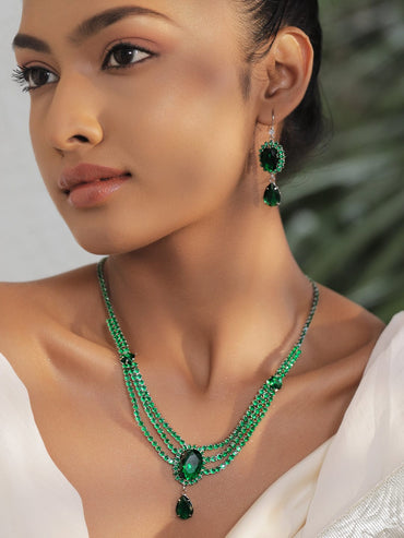 Rubans Rhodium-Plated Emerald Green Crystal Stone & Cubic Zirconia Studded Multilayer Glamorous Statement Necklace Set Necklace Set