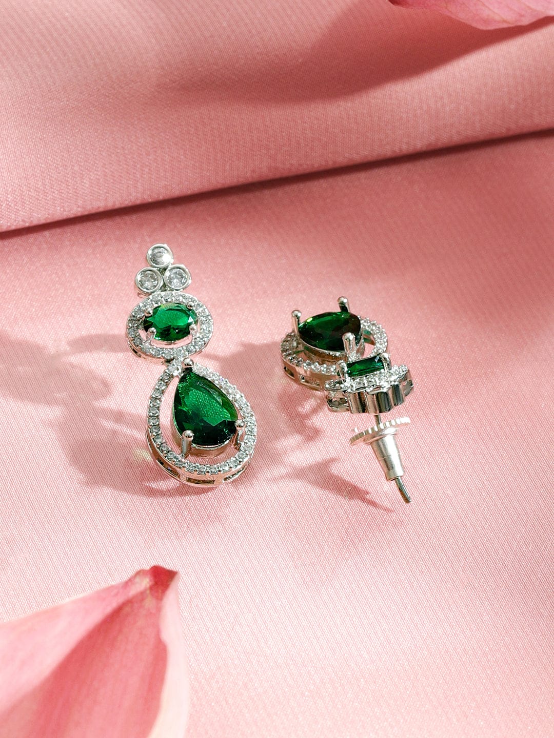 Rubans Rhodium-Plated Emerald Green & Cubic Zirconia Stones Pendent and Green Beaded Necklace Set Jewellery Set