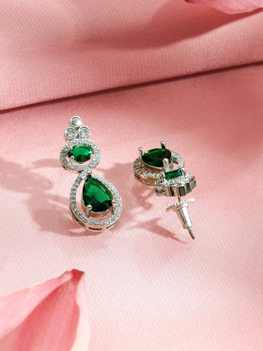 Rubans Rhodium-Plated Emerald Green & Cubic Zirconia Stones Pendent and Green Beaded Necklace Set Jewellery Set